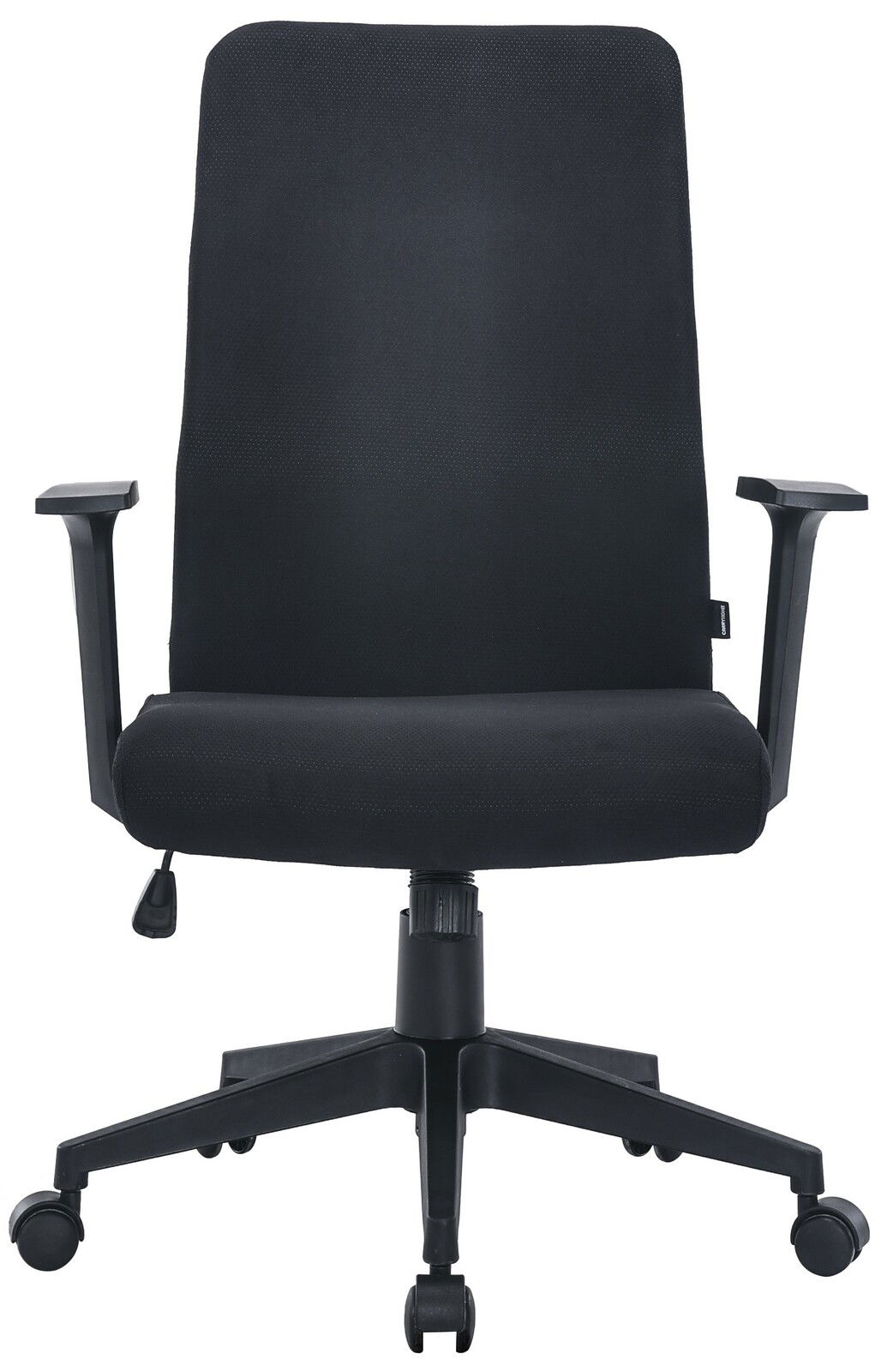 Schwarzer Drehstuhl mit Armlehnen, Vorderansicht