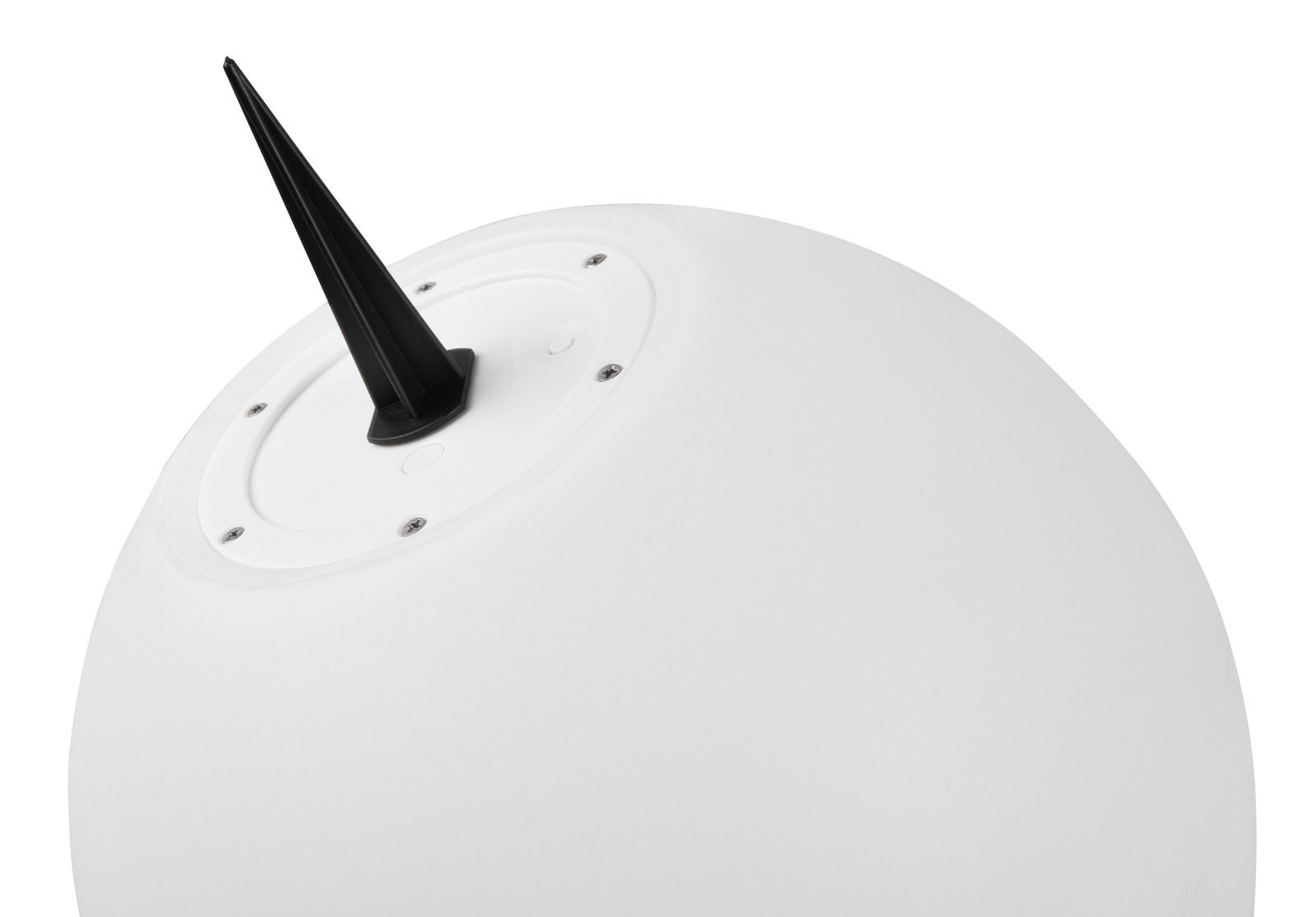 Nahaufnahme einer weißen Solar-Außenleuchte MELO mit schwarzem Erdspieß, von oben betrachtet.