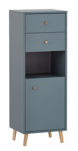 Graues Highboard mit zwei Schubladen, einem offenen Fach und einer Tür, auf Holzbeinen, seitliche Perspektive