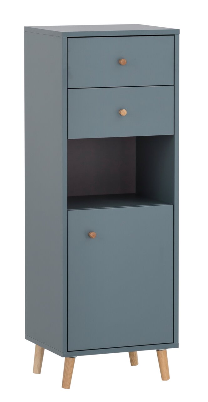Graues Highboard mit zwei Schubladen, einem offenen Fach und einer Tür, auf Holzbeinen, seitliche Perspektive