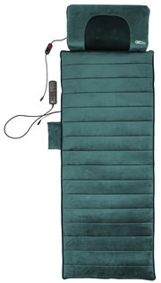 Grüne elektrische Massage-Mattenauflage mit Kopfkissen, Kabel und Handbedienung, Draufsicht von oben auf weißem Hintergrund
