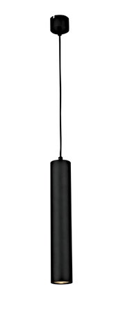 Schwarze zylindrische Hängelampe mit Kabel, seitliche Perspektive