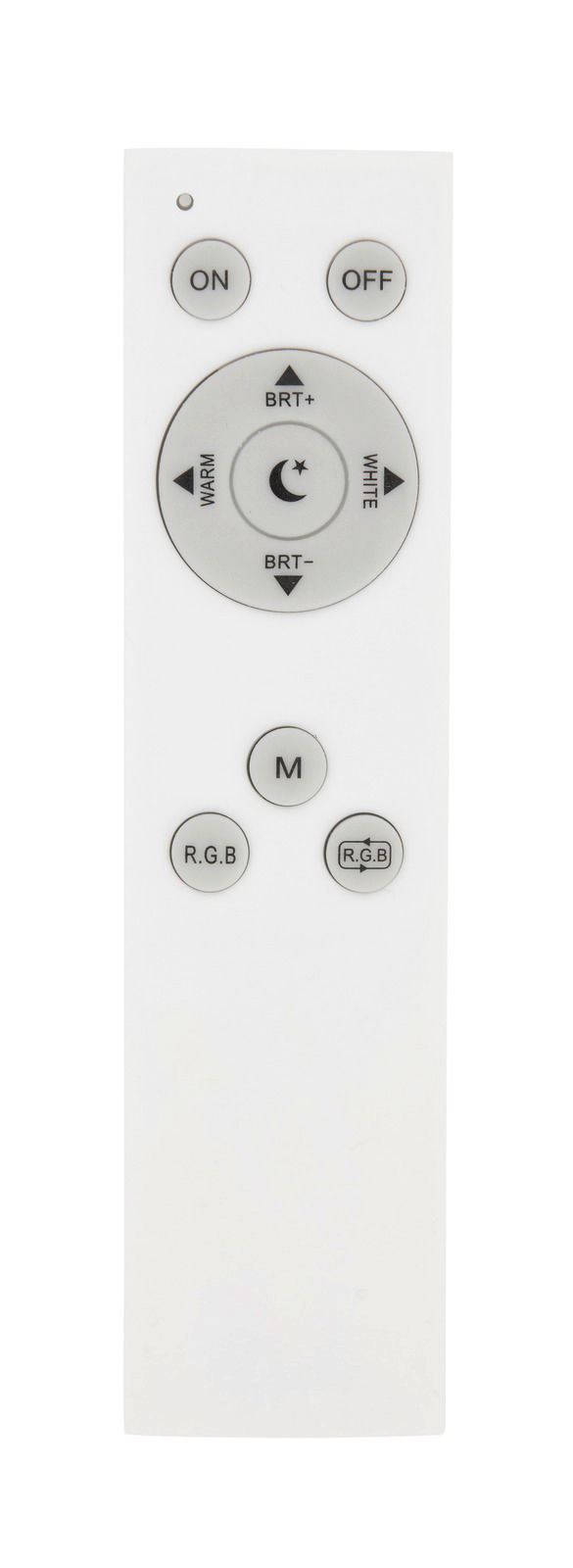 Fernbedienung für LED-Deckenleuchte Spark, Vorderansicht mit Tasten für Ein/Aus, Helligkeit und Farbsteuerung.