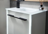 Modernes Waschbecken mit schwarzem Wasserhahn und integriertem Unterschrank, seitliche Perspektive