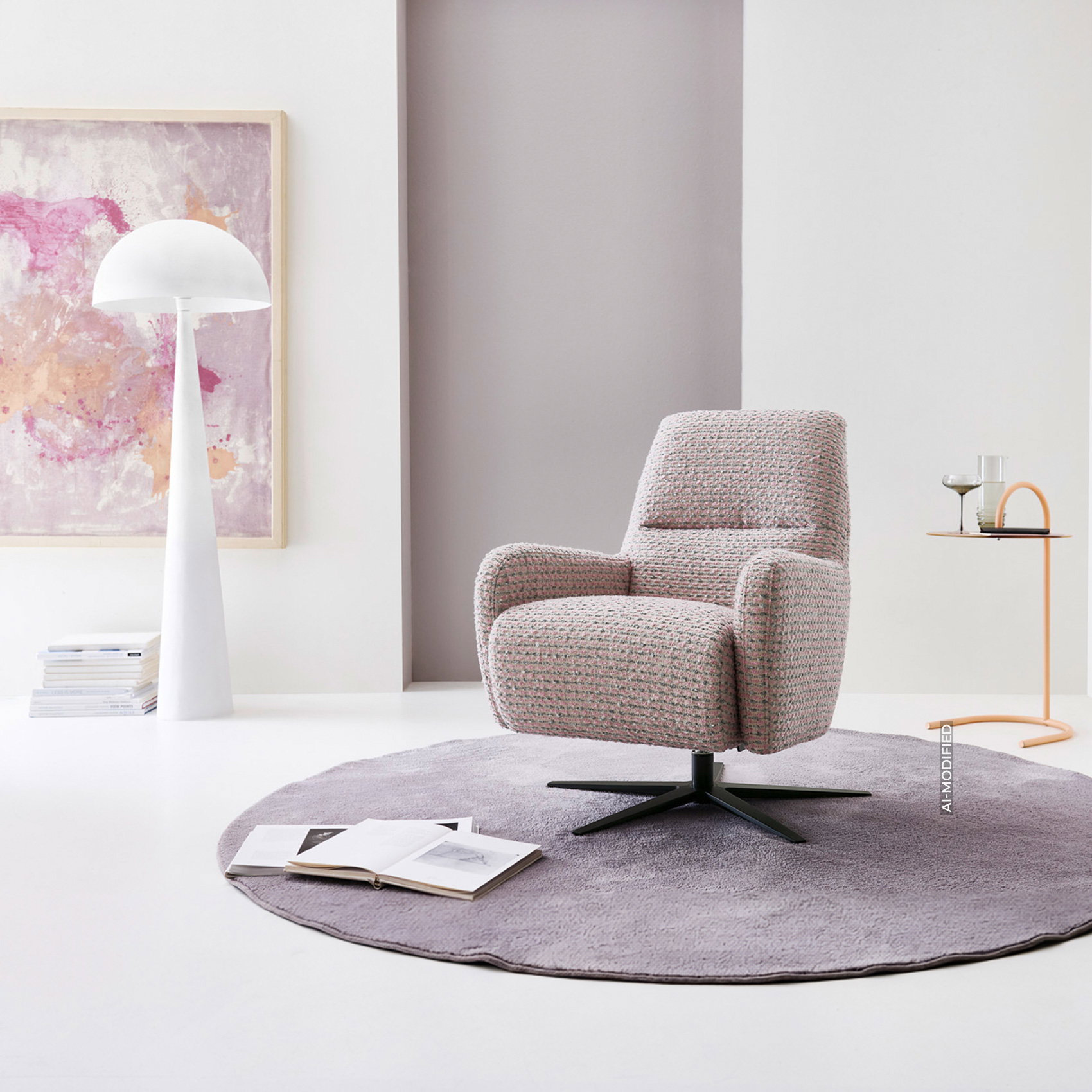 Moderner Drehsessel in Rosa-Grau mit schwarzem Fuß in stilvoller, heller Wohnlandschaft.