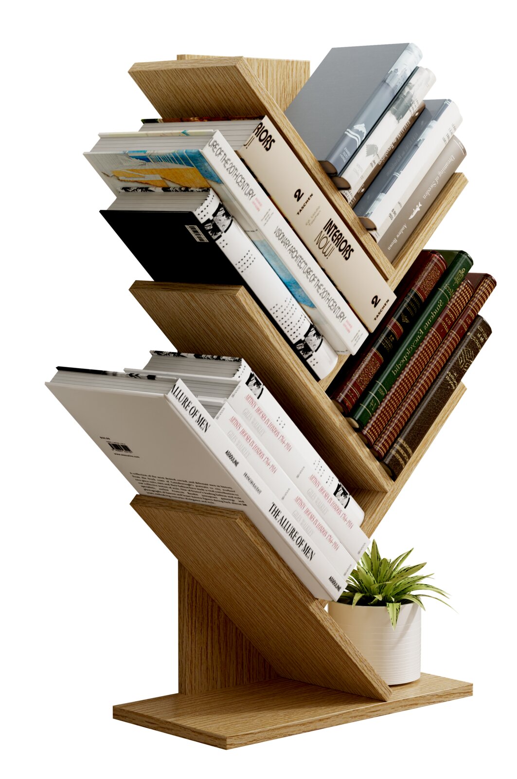 Modernes, zickzackförmiges Bücherregal aus hellem Holz mit mehreren schrägen Ablagefächern, gefüllt mit Büchern; vorne rechts ist ein kleiner Blumentopf auf der Basis sichtbar, Perspektive: schräg von vorn/seitlich.