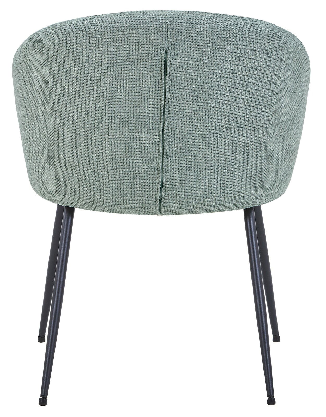 Rückansicht eines modernen Stuhls mit grünem Stoffbezug und schwarzen Metallbeinen.