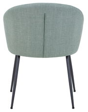 Rückansicht eines modernen Stuhls mit grünem Stoffbezug und schwarzen Metallbeinen.