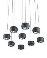 Moderne Pendelleuchte CANNON mit mehreren kugelförmigen Lampenschirmen in schwarzem Design, von unten betrachtet.