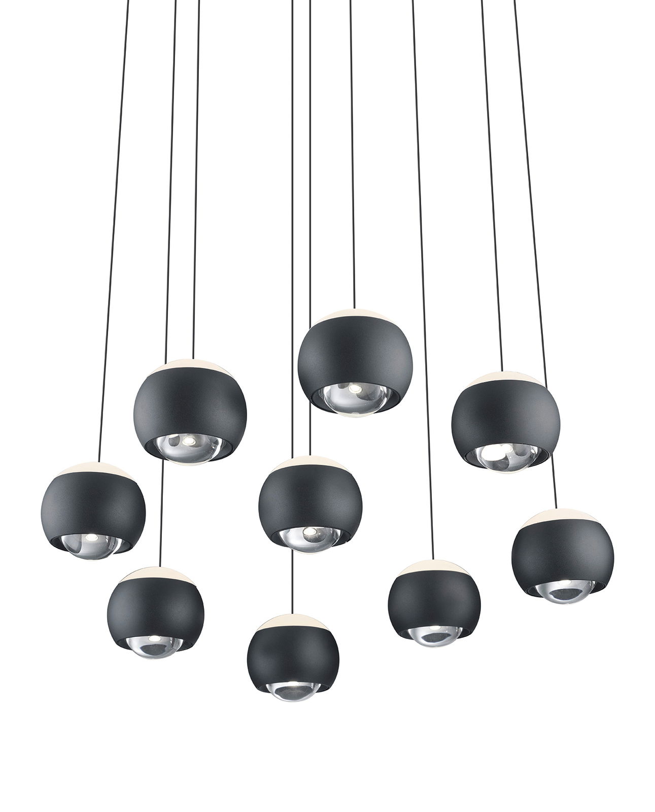 Moderne Pendelleuchte CANNON mit mehreren kugelförmigen Lampenschirmen in schwarzem Design, von unten betrachtet.