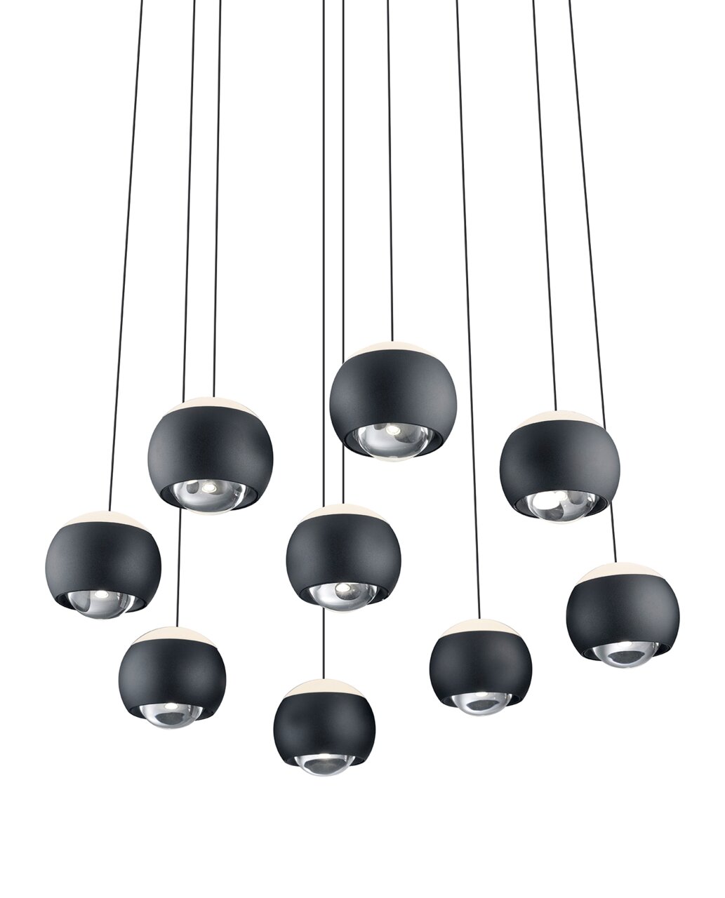Moderne hanglamp CANNON met meerdere bolvormige lampenkappen in een zwart ontwerp, gezien van onderaf.