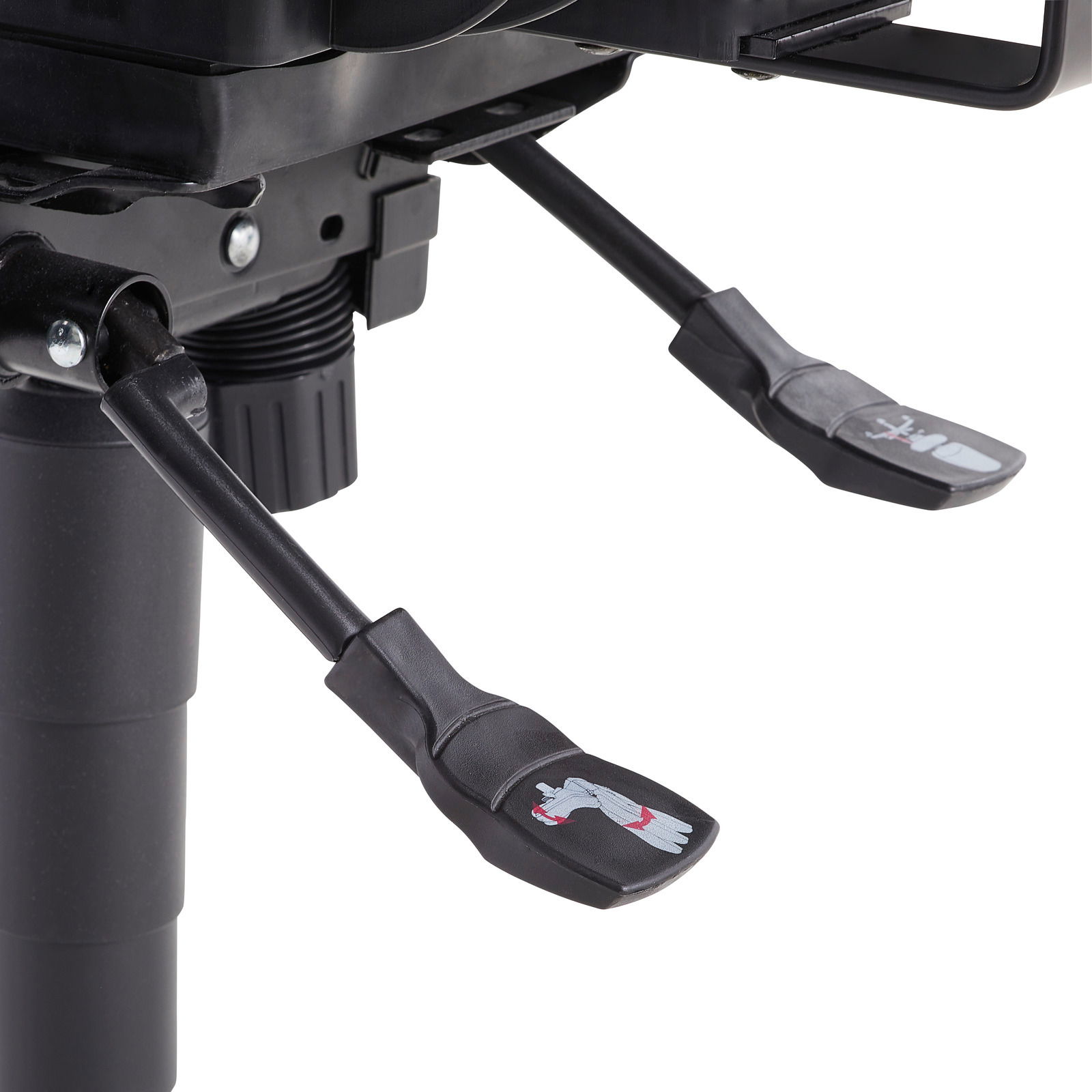 Nahaufnahme der Mechanik eines Drehstuhls mit zwei Hebeln zur Einstellung, seitliche Perspektive.