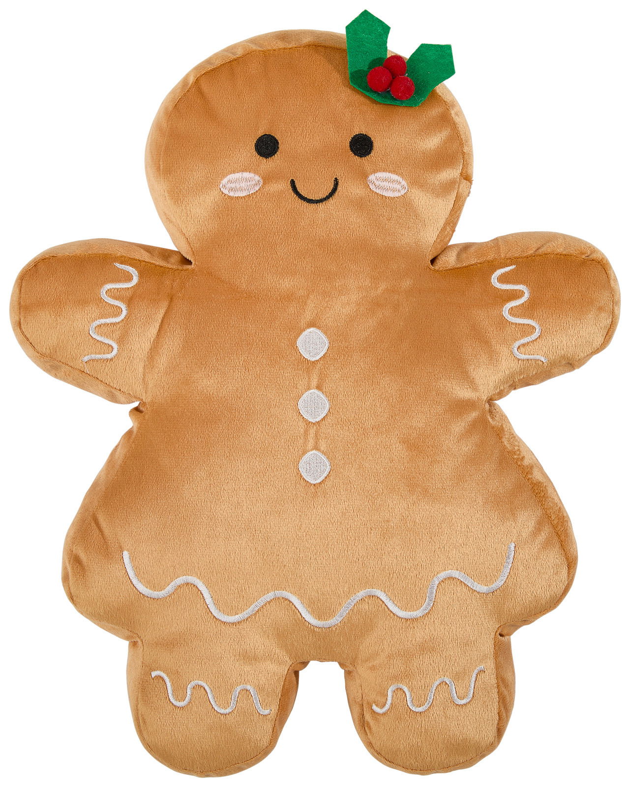 Zierkissen in Form eines Lebkuchenmanns mit einem lächelnden Gesicht und einer grünen Blätterdekoration mit roten Beeren auf dem Kopf, Frontalansicht.