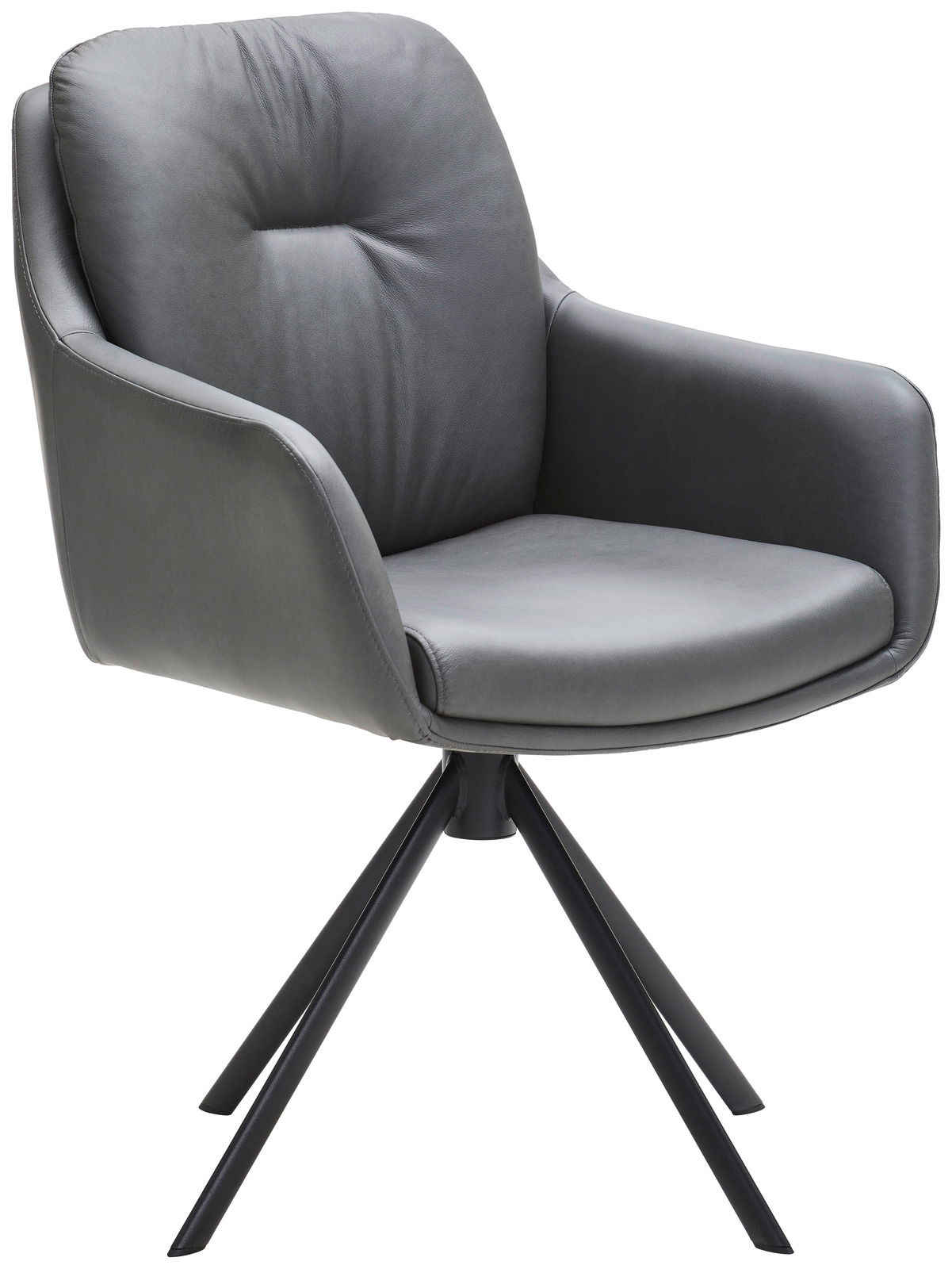 Grauer Armlehnstuhl mit gepolsterter Sitzfläche und Rückenlehne, auf schwarzem Metallgestell, seitliche Perspektive