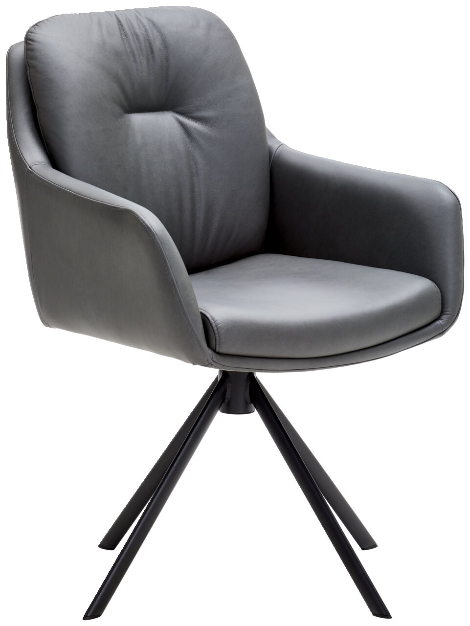 Grauer Armlehnstuhl mit gepolsterter Sitzfläche und Rückenlehne, auf schwarzem Metallgestell, seitliche Perspektive