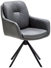 Grijze fauteuil met gestoffeerde zitting en rugleuning, op een zwart metalen onderstel, zijaanzicht