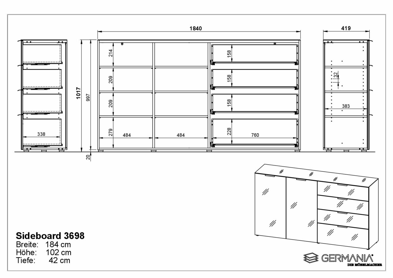 Technische Zeichnung eines XL-Sideboards mit den Maßen 184 cm Breite, 102 cm Höhe und 42 cm Tiefe, Frontansicht und Seitenansicht.