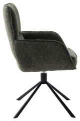 Seitenansicht eines modernen Armlehnstuhls mit schwarzem Metallgestell und gepolstertem Sitz in dunklem Stoff.