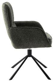 Seitenansicht eines modernen Armlehnstuhls mit schwarzem Metallgestell und gepolstertem Sitz in dunklem Stoff.