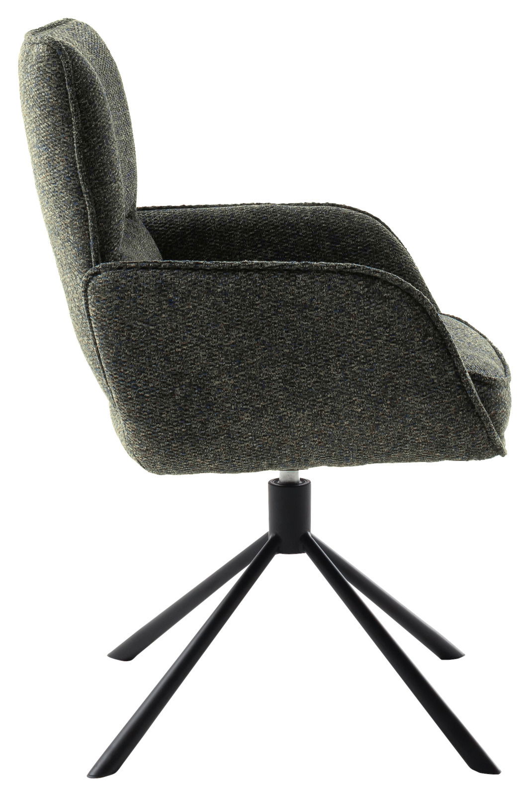 Seitenansicht eines modernen Armlehnstuhls mit schwarzem Metallgestell und gepolstertem Sitz in dunklem Stoff.