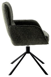 Seitenansicht eines modernen Armlehnstuhls mit schwarzem Metallgestell und gepolstertem Sitz in dunklem Stoff.