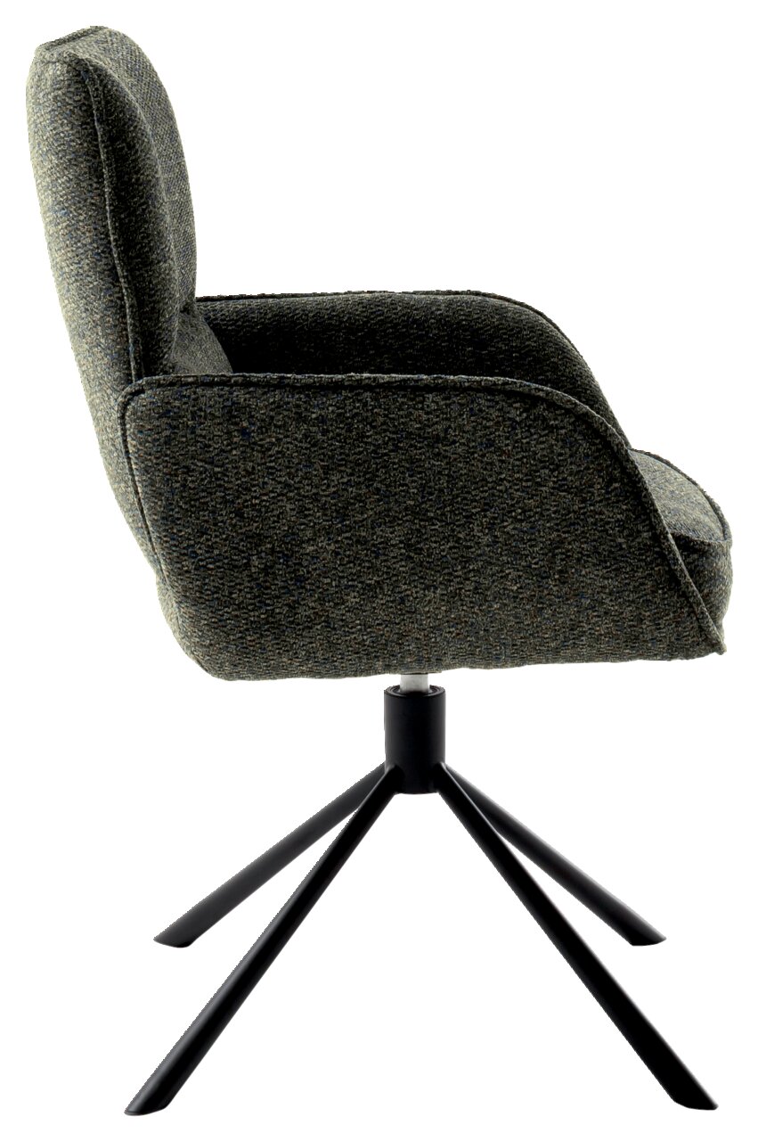 Zijaanzicht van een moderne fauteuil met een zwart metalen frame en een gestoffeerde zitting van donkere stof.