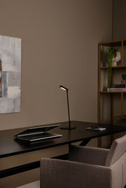 Moderne Tisch- und Schreibtischleuchte in einem stilvollen Büro, seitliche Perspektive