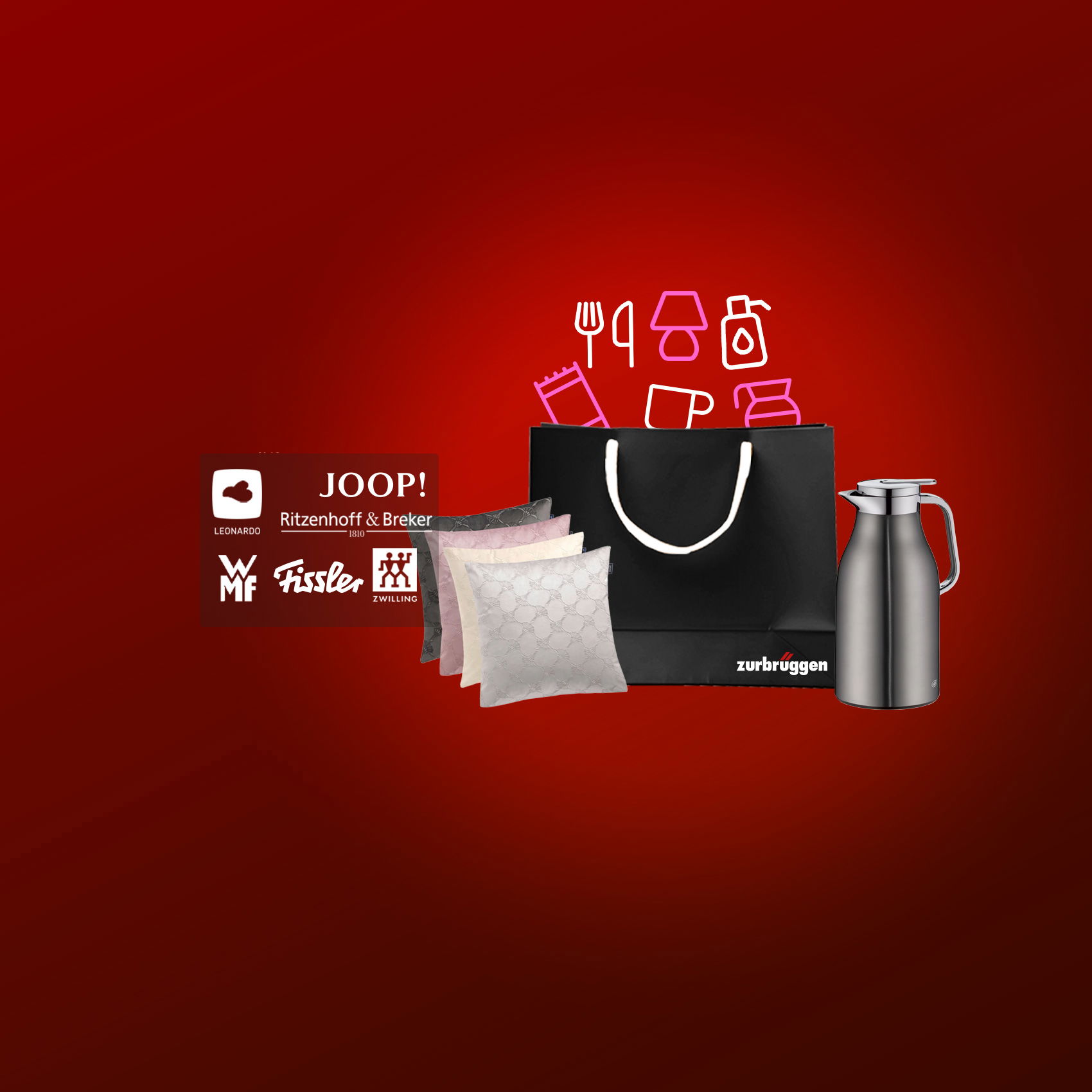 Schwarze Einkaufstasche, gefüllt mit verschiedenen Produkten, dem Werbetext „20 % Rabatt“ und verschiedenen Markenlogos.