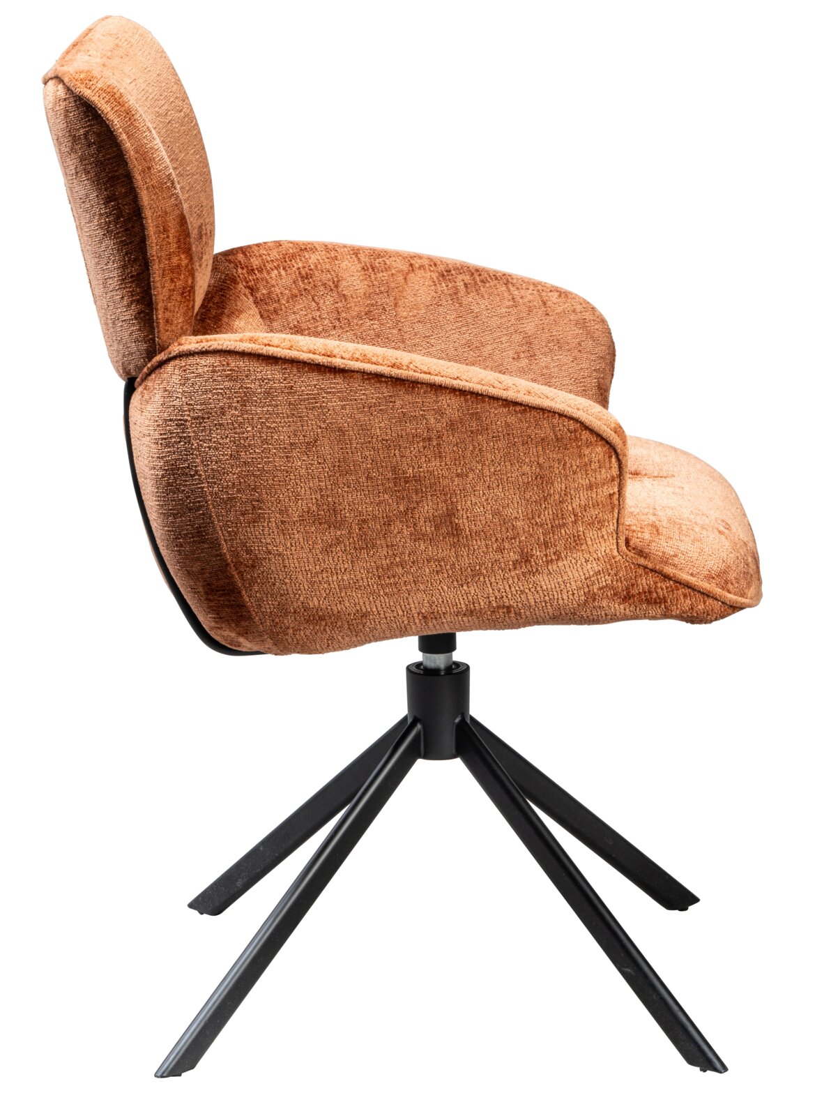 Zijaanzicht van een fauteuil met bruine stoffen bekleding en een zwart metalen frame.