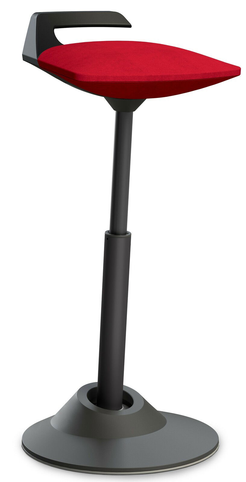 Moderne Sitz-Stehhilfe mit rotem Sitzpolster und schwarzem Gestell, seitliche Perspektive