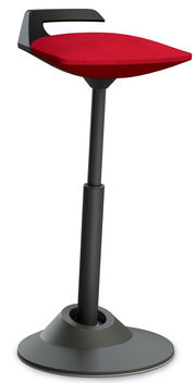 Moderne Sitz-Stehhilfe mit rotem Sitzpolster und schwarzem Gestell, seitliche Perspektive