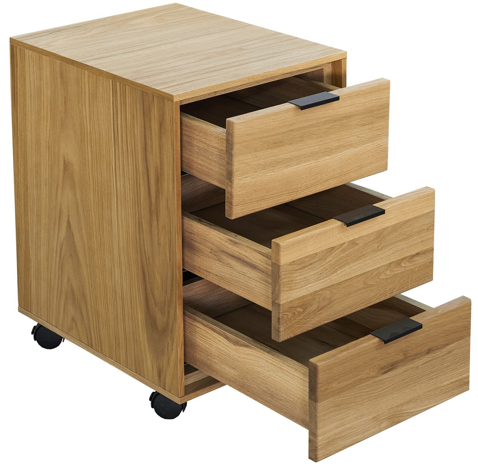 Rollcontainer aus Holz in Eichenoptik mit drei ausgezogenen Schubladen und schwarzen Griffleisten, Ansicht schräg von vorne/oben