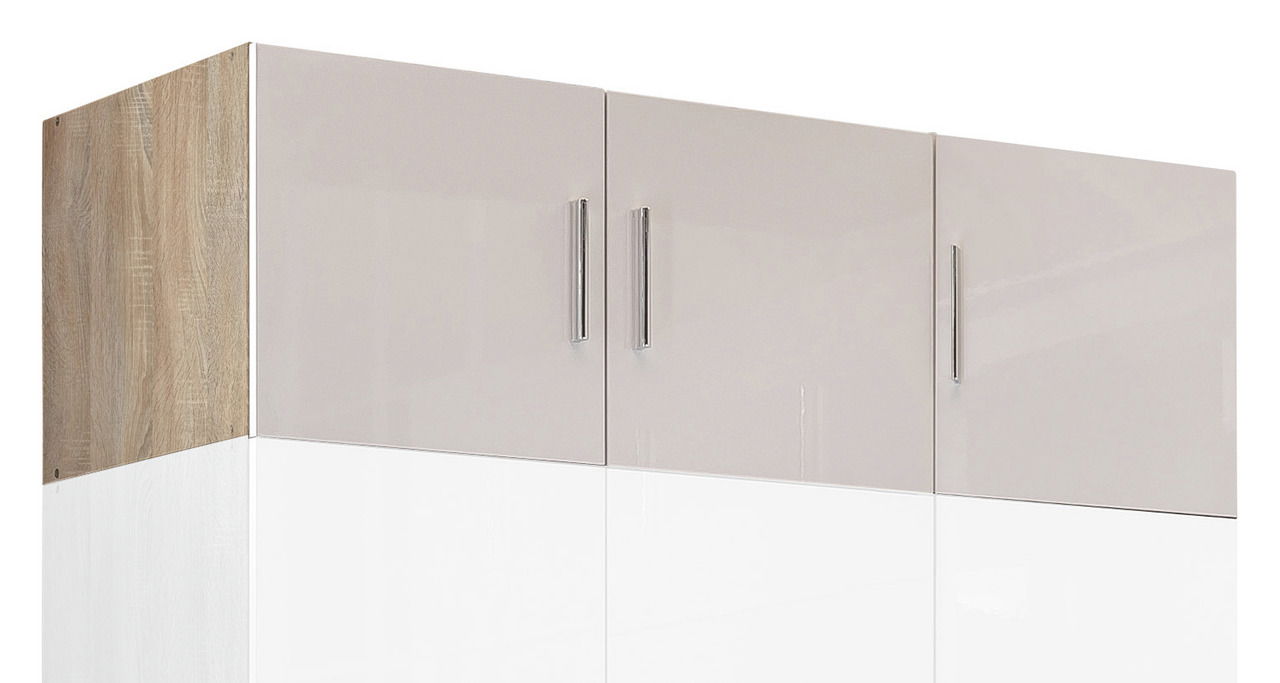 Küchenaufsatz mit drei Türen in Hochglanzoptik, seitliche Holzverkleidung, Frontansicht