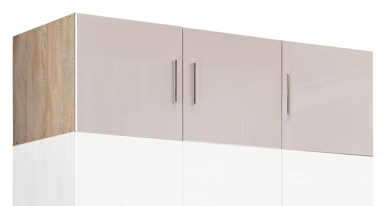 XORA Aufsatz T54 MALTA Küchenaufsatz mit drei Türen in Hochglanzoptik, seitliche Holzverkleidung, Frontansicht