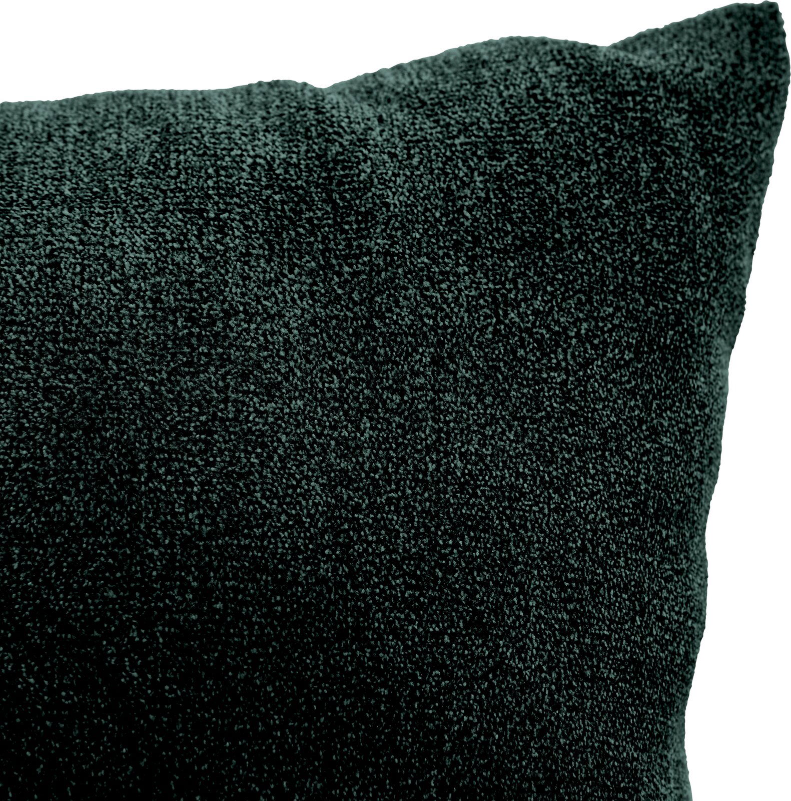 Nahaufnahme eines dunkelgrünen Kissens mit weicher Textur, perspektivisch von der Seite aufgenommen.