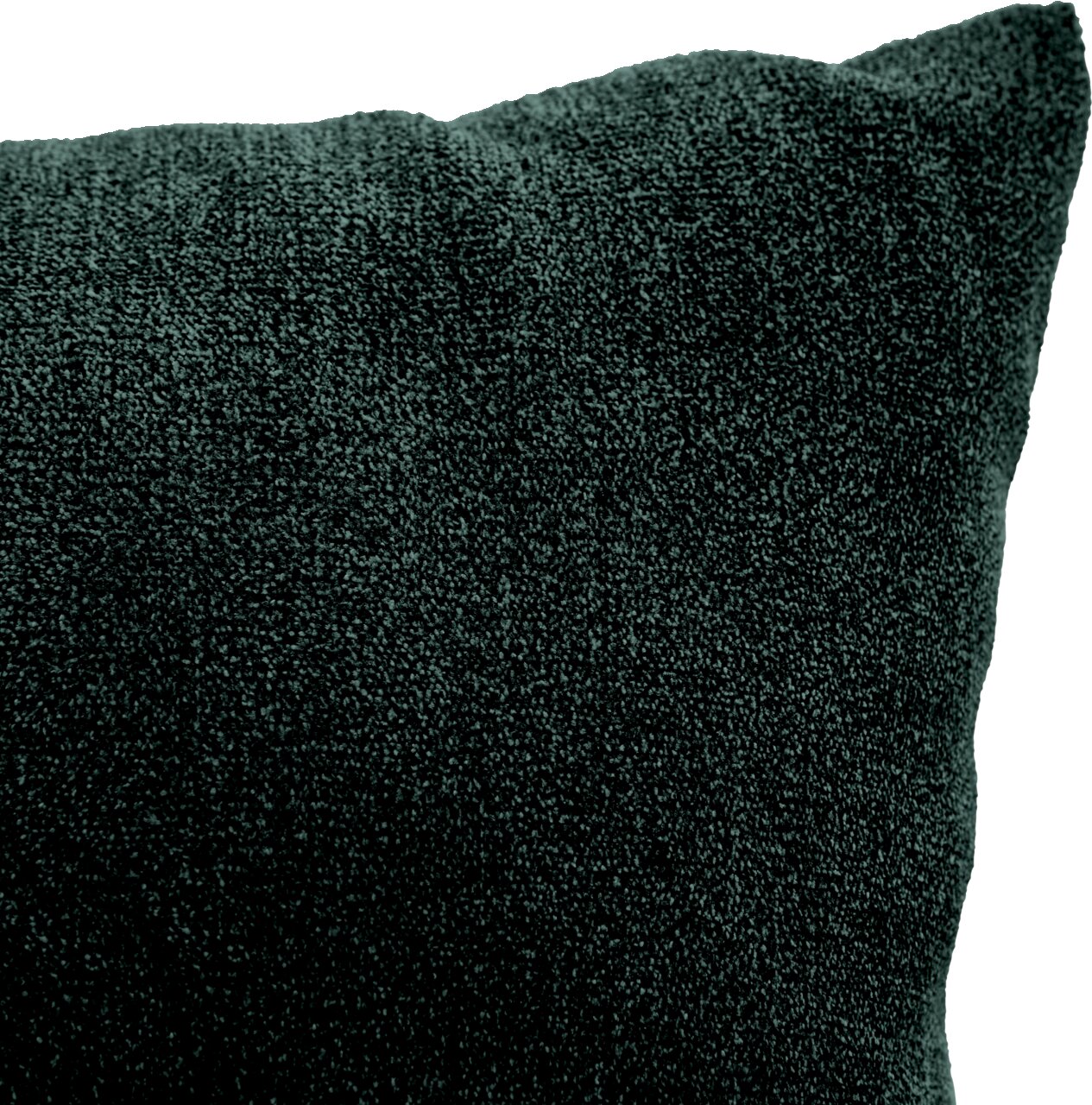 Nahaufnahme eines dunkelgrünen Kissens mit weicher Textur, perspektivisch von der Seite aufgenommen.