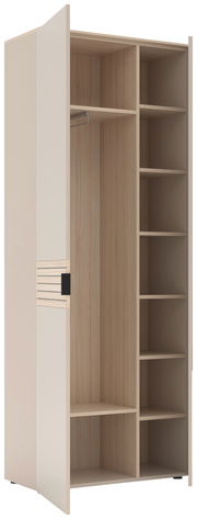 Garderobenschrank in hellem Holzdesign mit offener Tür, zeigt Innenfächer und Kleiderstange, Perspektive von schräg vorne.