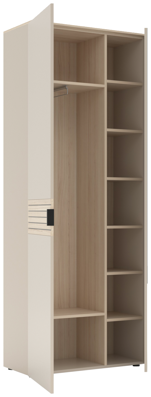 Garderobenschrank in hellem Holzdesign mit offener Tür, zeigt Innenfächer und Kleiderstange, Perspektive von schräg vorne.