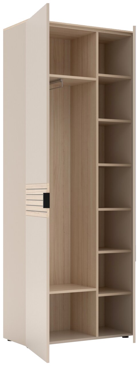 Garderobenschrank in hellem Holzdesign mit offener Tür, zeigt Innenfächer und Kleiderstange, Perspektive von schräg vorne.