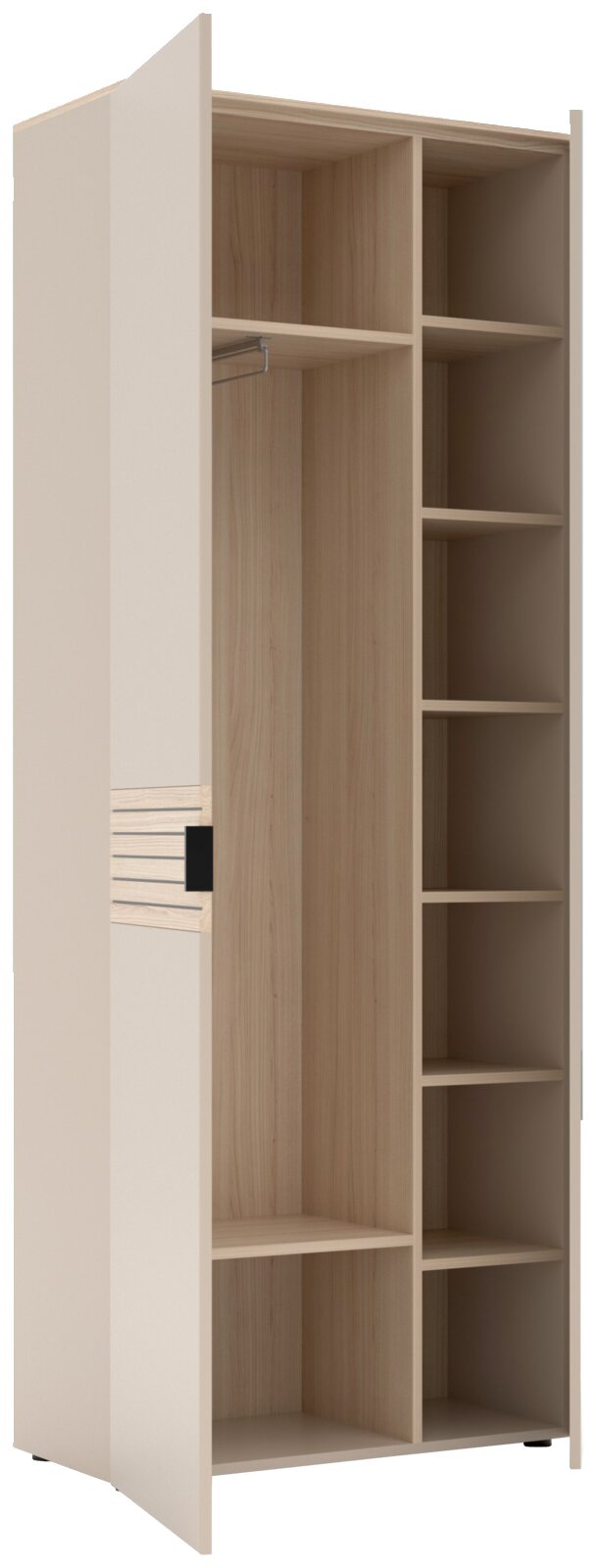 Kledingkast in een licht houten uitvoering met open deur, met zicht op de binnenvakken en de kledingstang, gezien vanuit een schuin vooraanzicht.