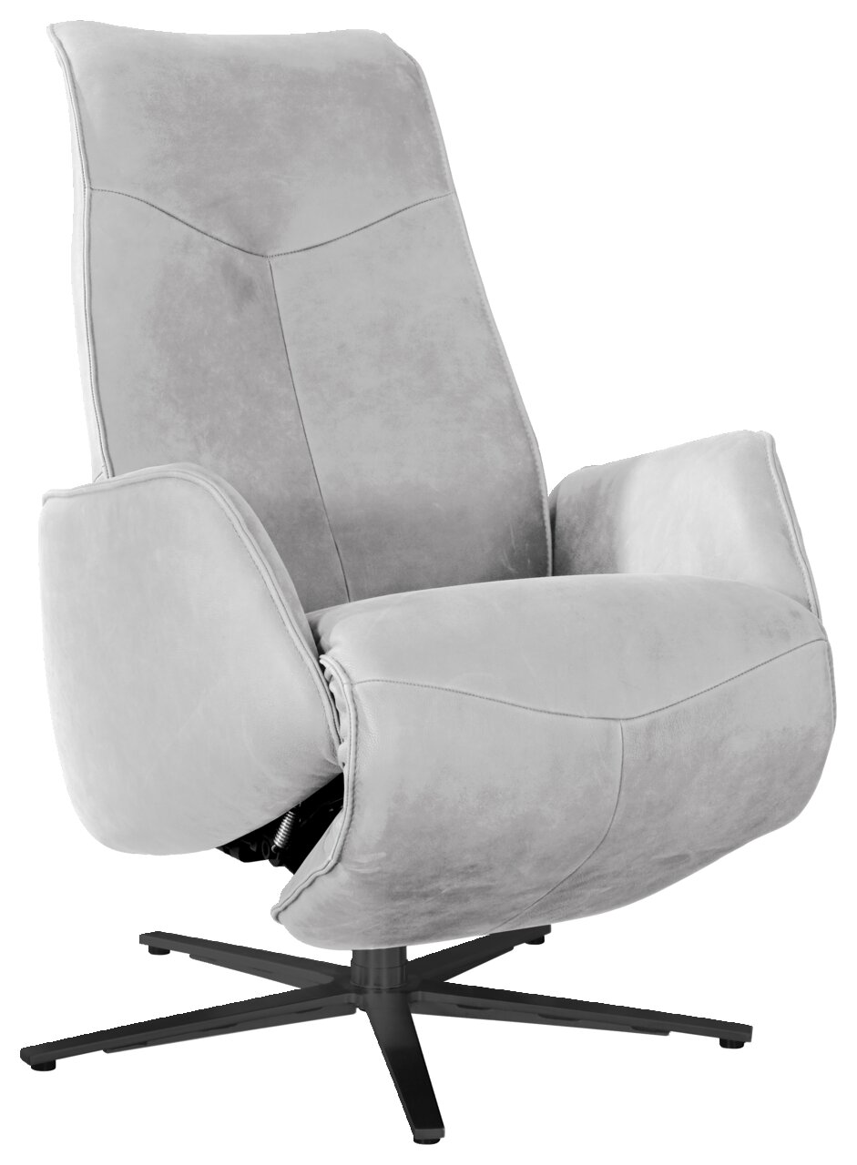 Moderne grijze tv-fauteuil met hoge rugleuning en draaivoet, zijaanzicht