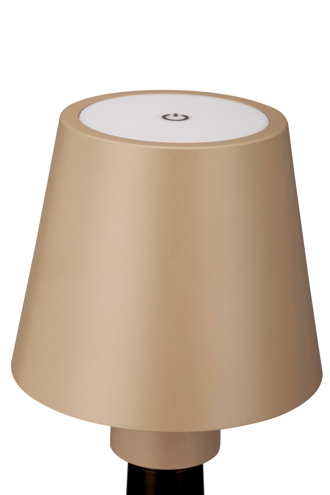 Beige Akku-Tischleuchte mit rundem Schirm, Ansicht von oben