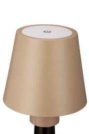 Beige Akku-Tischleuchte mit rundem Schirm, Ansicht von oben