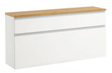 Moderner Hängeschuhschrank in Weiß mit Holzoberfläche, seitliche Perspektive