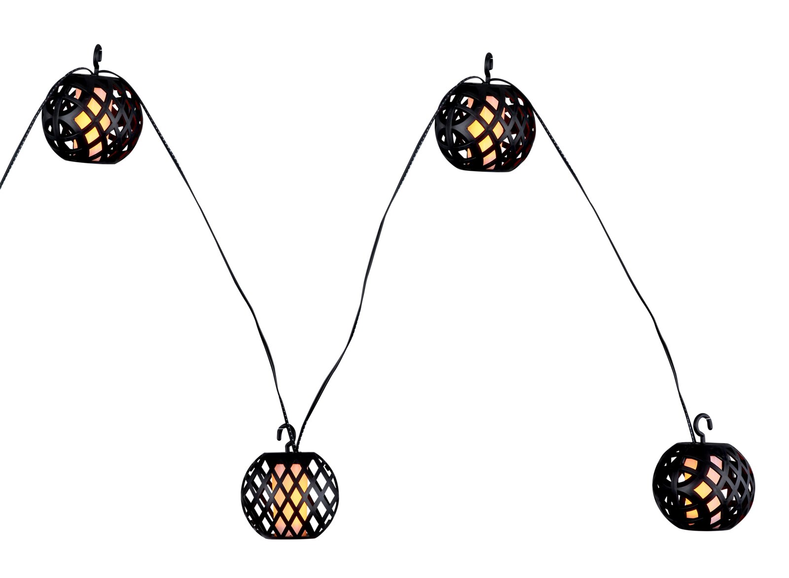 Solarbetriebene Lichterkette mit dekorativen, kugelförmigen Lampen in schwarzem Gitterdesign, seitliche Perspektive