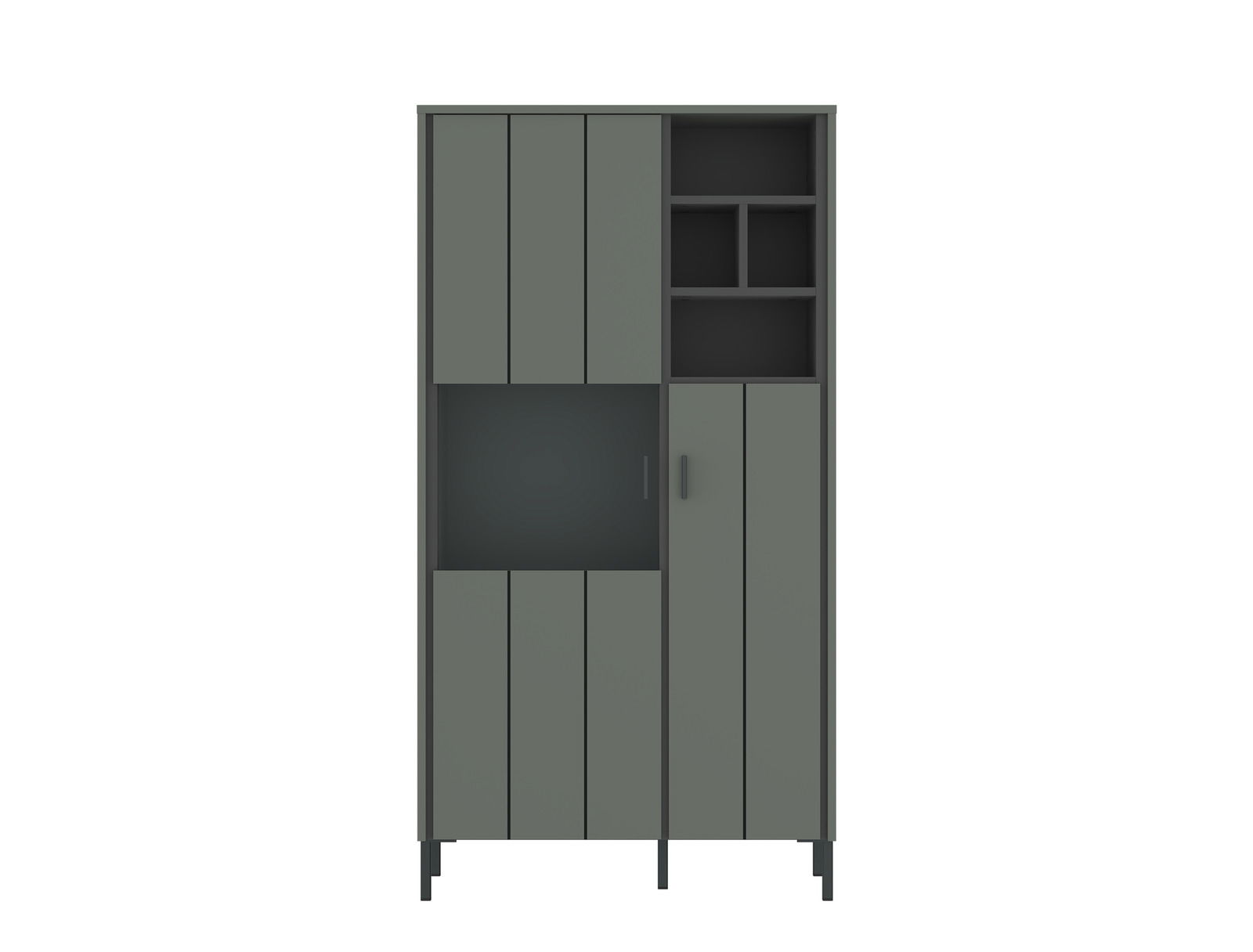 Frontansicht der Highboardvitrine SHIRLEY in modernem Design mit grauen Türen und offenen Fächern.