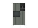 Frontansicht der Highboardvitrine SHIRLEY in modernem Design mit grauen Türen und offenen Fächern.