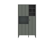 Frontansicht der Highboardvitrine SHIRLEY in modernem Design mit grauen Türen und offenen Fächern.