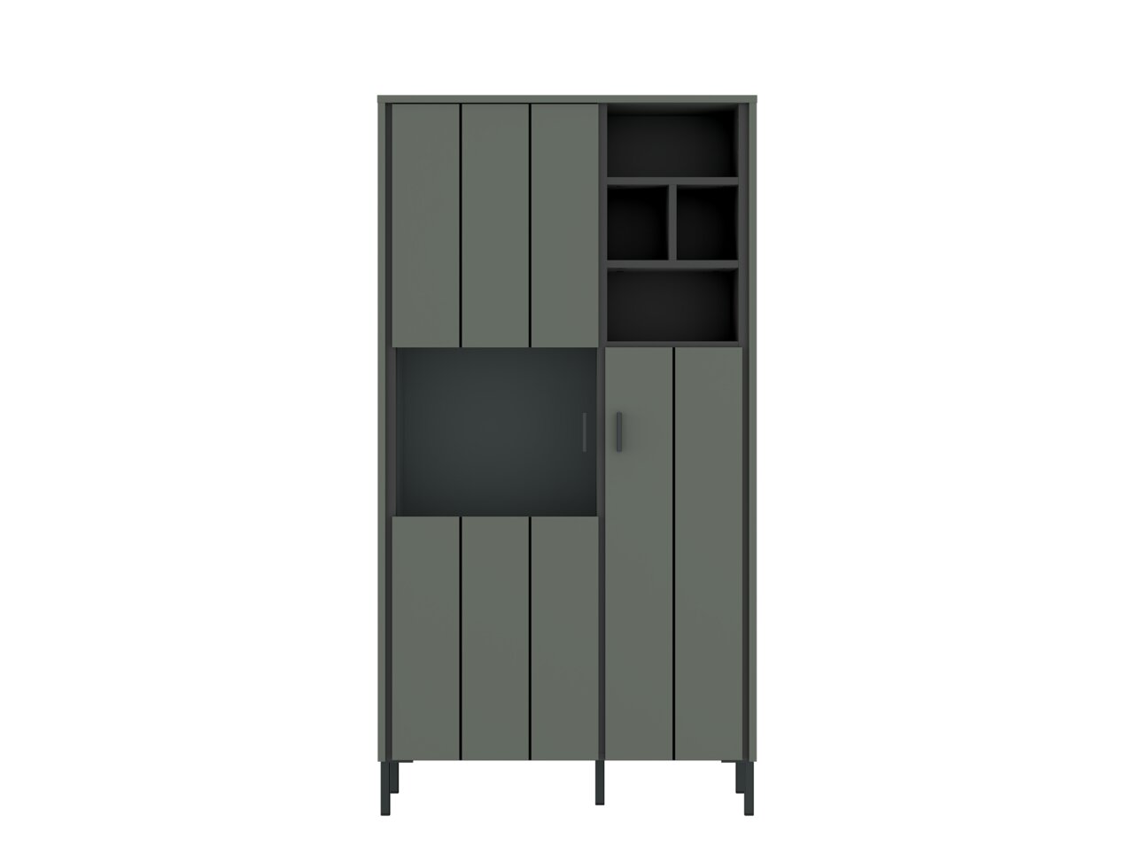 Vooraanzicht van de hoge vitrinekast SHIRLEY in een modern ontwerp met grijze deuren en open vakken.