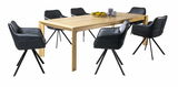 Moderner Esstisch aus Holz mit sechs schwarzen Stühlen, seitliche Perspektive